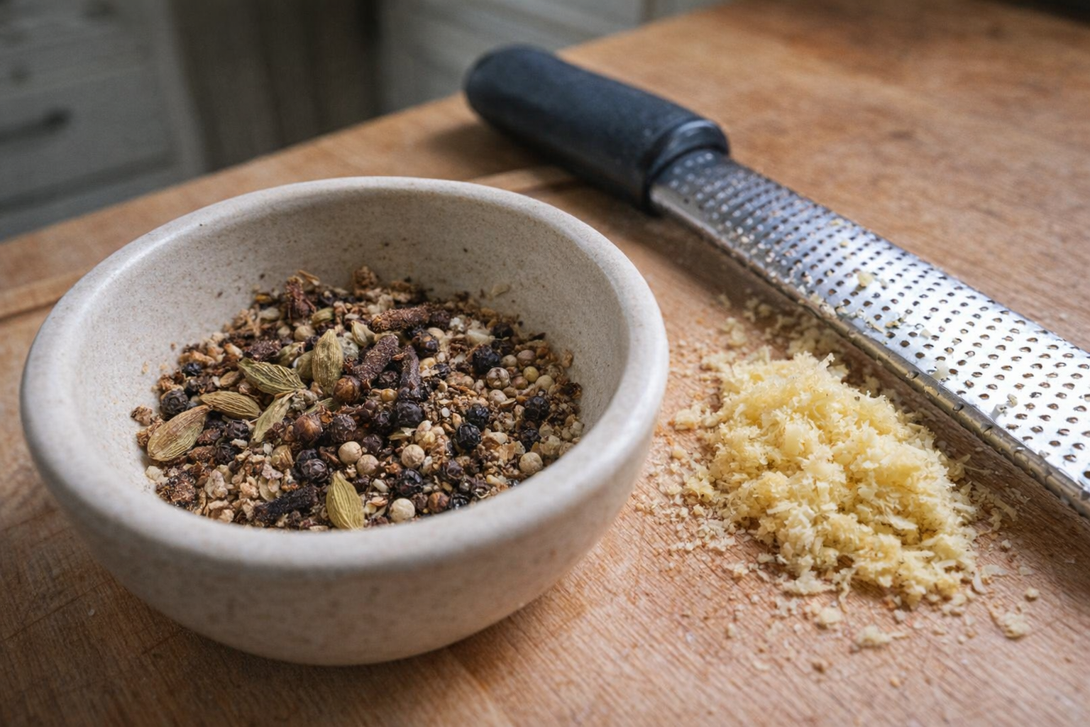 A close-up shot of freshly crushed cardamom pods, cloves, and peppercorns in a small mortar, next to a microplane grater with freshly grated ginger